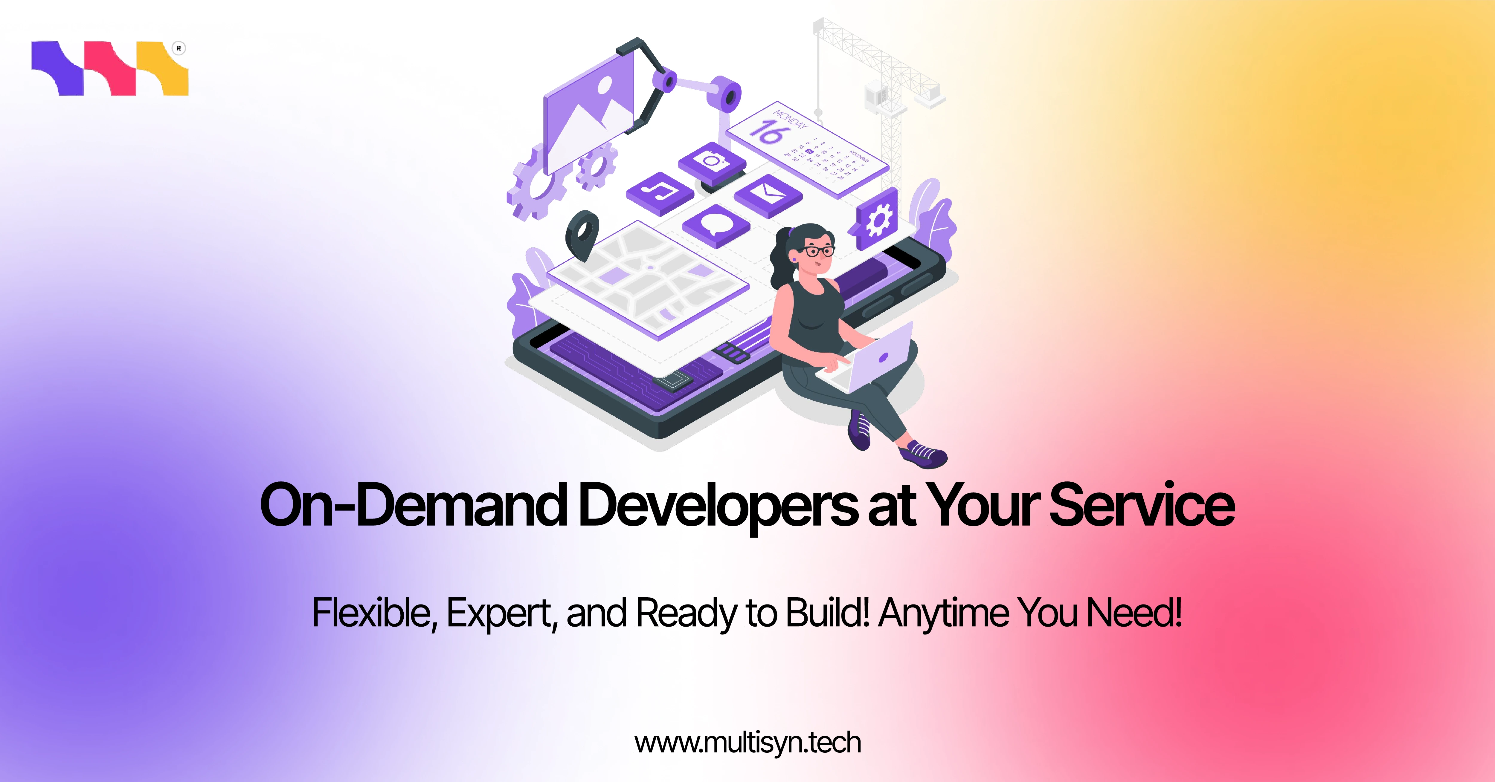 On-demand app developer illustration with service tagline and website URL – Multisyn Tech